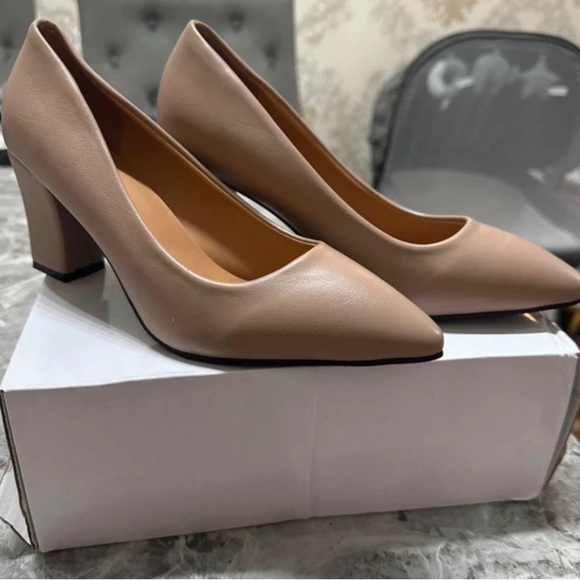 Shoes - Pointed Block Heel Pumps in Nude Blush